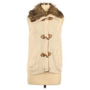 Pink Republic Knit Button Up Vest Faux Fur Hood Women's Medium Cream Sleeveless